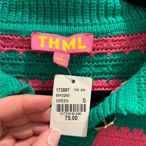 NWT | THML Collared + Striped Sweater Top, Size S, green + pink stripes - Picture 5 of 8